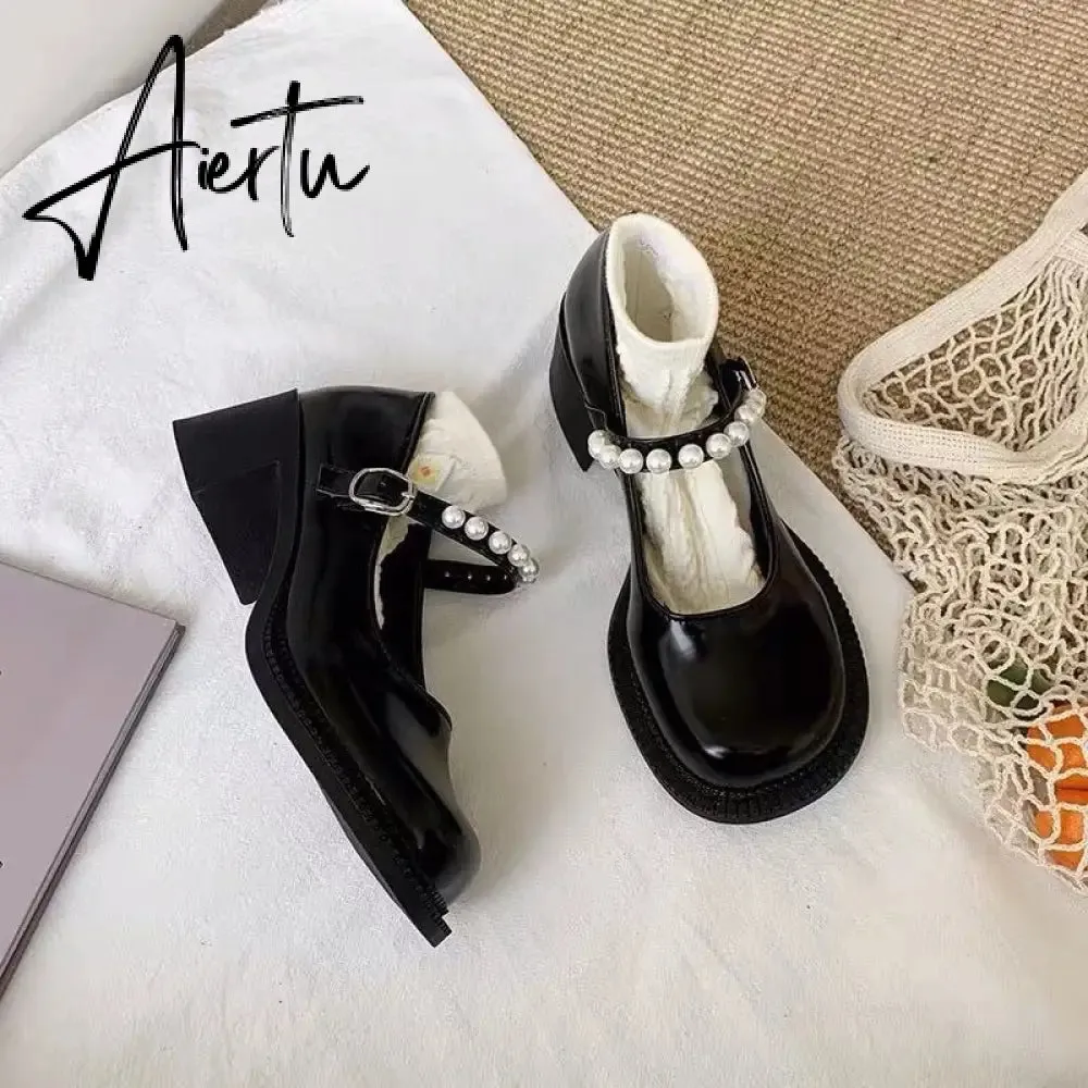 Aiertu Lolita shoes spring fashion pearl platform high heels Mary Jane Japanese retro small leather shoes female college students shoes