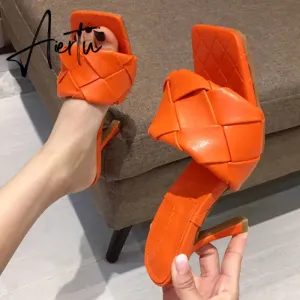 Aiertu Luxury Design Slides Women 9cm High Heels Mules Fetish Summer Sandals Stiletto Heels Slippers Prom Platform Stripper Shoes