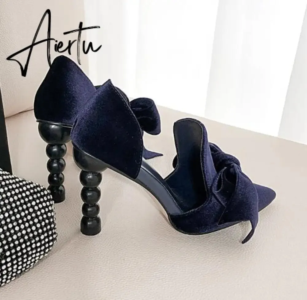 Aiertu Navy Blue Brand Designer Women Shoes Pearl High Heel Pointed Toe Velvet Bow 9 cm Stiletto Party Shoes Pumps 34-43
