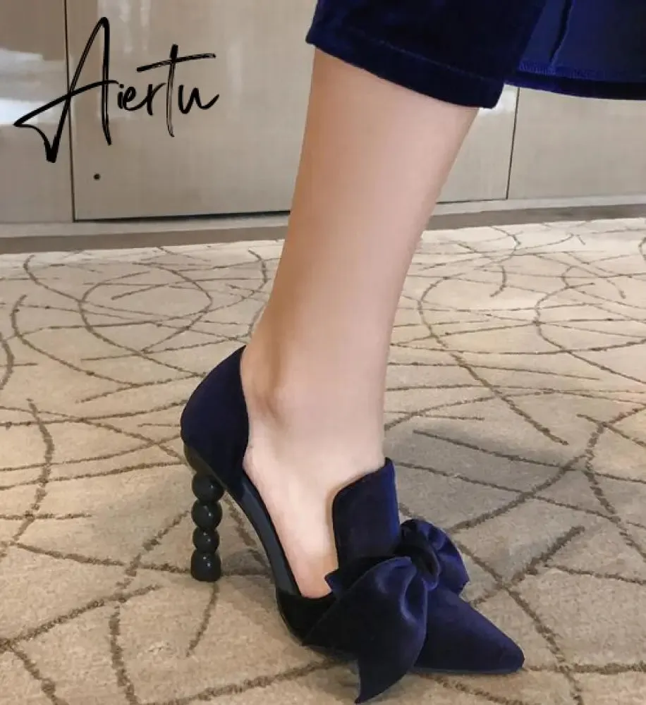 Aiertu Navy Blue Brand Designer Women Shoes Pearl High Heel Pointed Toe Velvet Bow 9 cm Stiletto Party Shoes Pumps 34-43