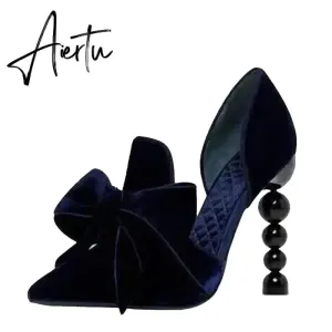 Aiertu Navy Blue Brand Designer Women Shoes Pearl High Heel Pointed Toe Velvet Bow 9 cm Stiletto Party Shoes Pumps 34-43
