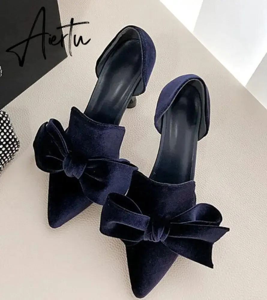 Aiertu Navy Blue Brand Designer Women Shoes Pearl High Heel Pointed Toe Velvet Bow 9 cm Stiletto Party Shoes Pumps 34-43