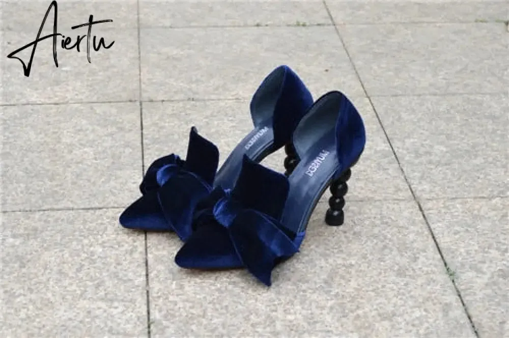 Aiertu Navy Blue Brand Designer Women Shoes Pearl High Heel Pointed Toe Velvet Bow 9 cm Stiletto Party Shoes Pumps 34-43