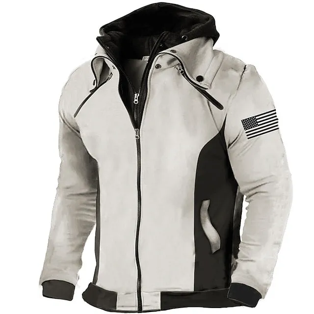American Flag Hooded Sweatshirt with Military Print for Men - Patriotic Street Style Grey Hoodie