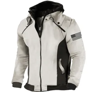 American Flag Hooded Sweatshirt with Military Print for Men - Patriotic Street Style Grey Hoodie