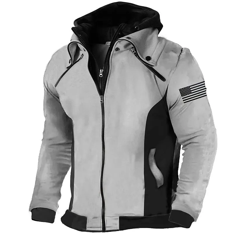 American Flag Hooded Sweatshirt with Military Print for Men - Patriotic Street Style Grey Hoodie