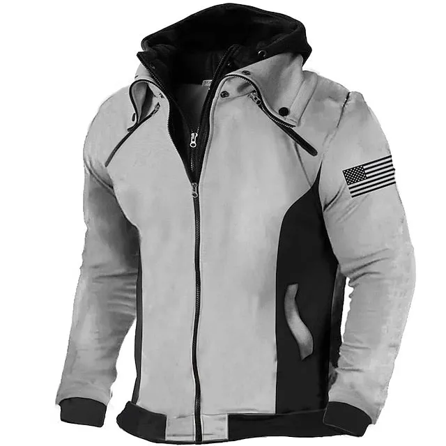 American Flag Hooded Sweatshirt with Military Print for Men - Patriotic Street Style Grey Hoodie