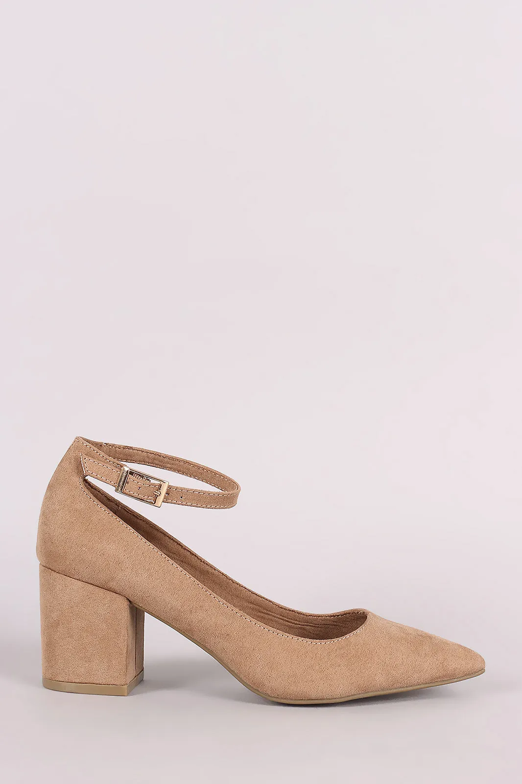 Bamboo Suede Pointy Toe Ankle Strap Block Heeled Pump