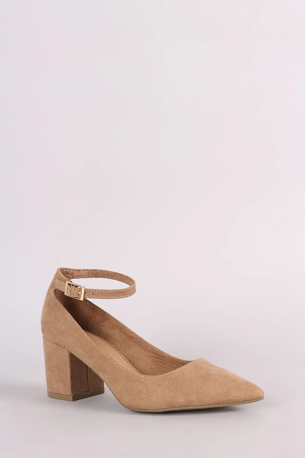 Bamboo Suede Pointy Toe Ankle Strap Block Heeled Pump