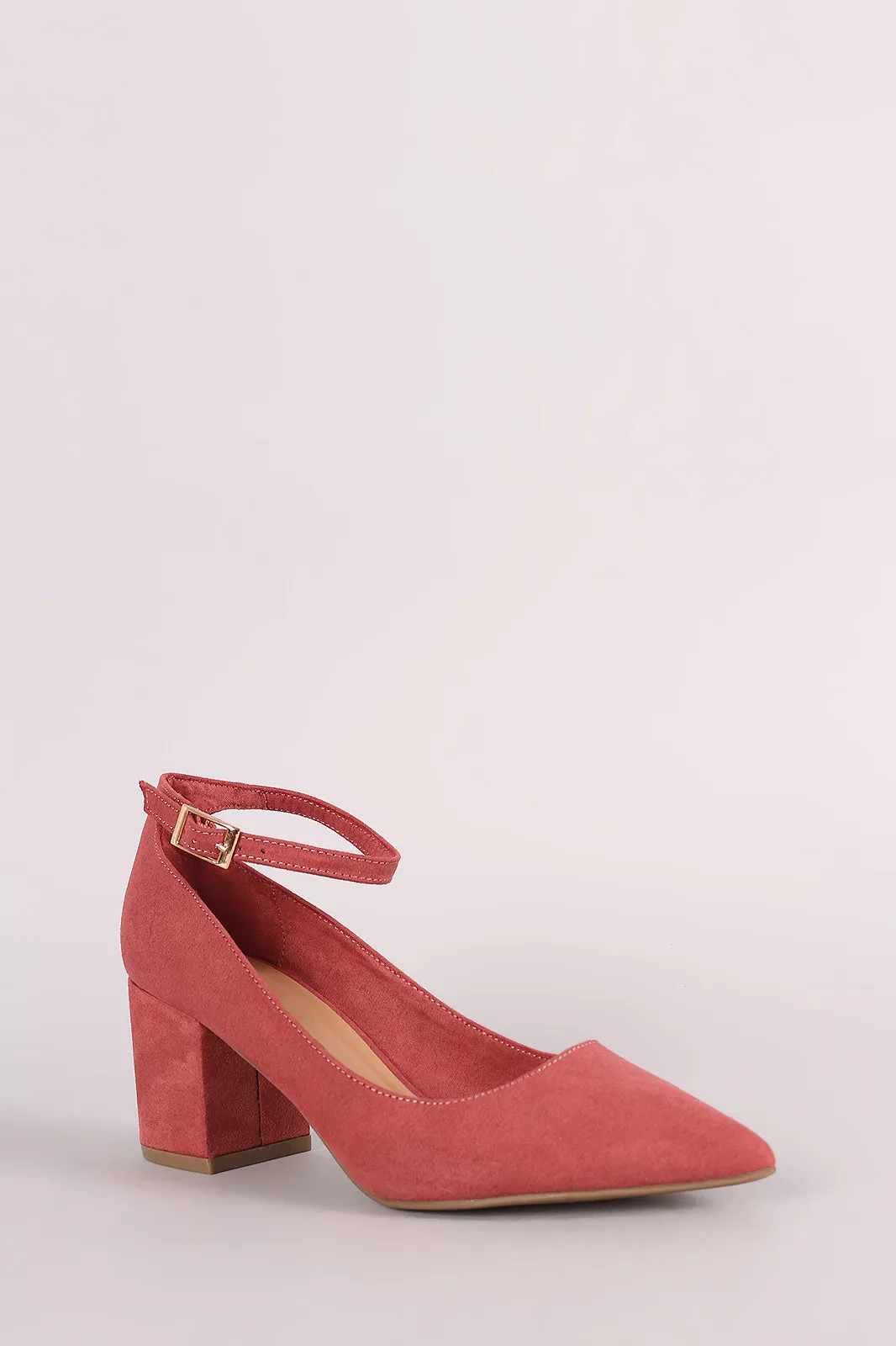 Bamboo Suede Pointy Toe Ankle Strap Block Heeled Pump