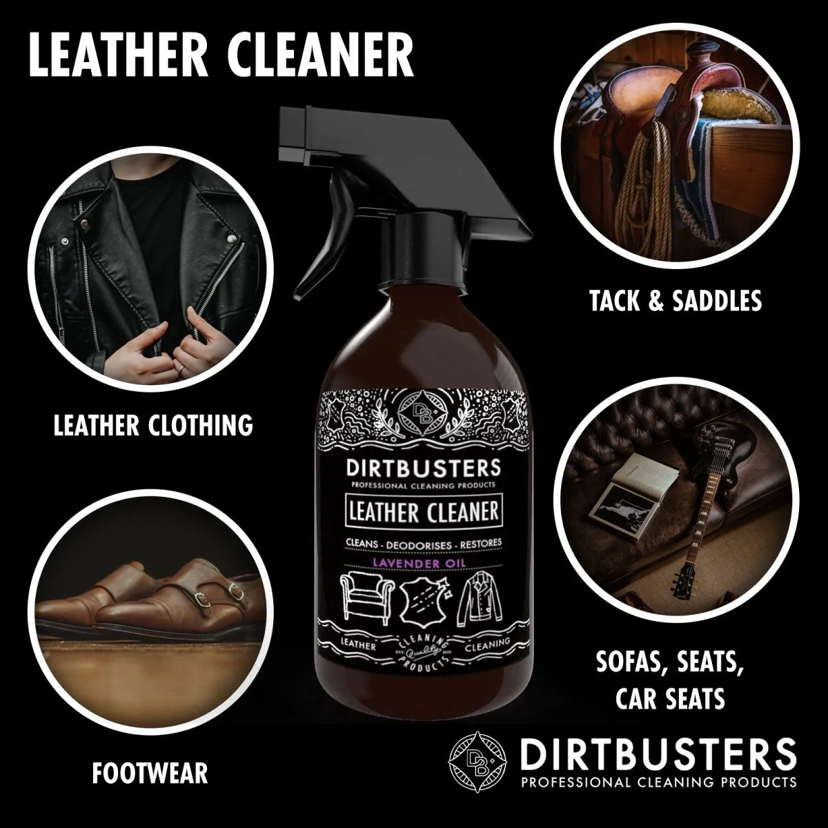 Dirtbusters Leather Cleaner 3-in-1 Clean, Deodorise & Restore, with Lavender Oil (500ml)