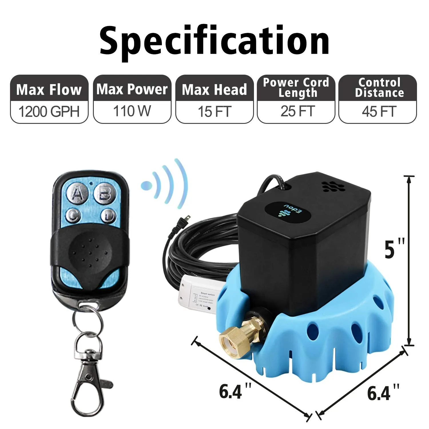 EDOU 1200 GPH Remote Control On-Off Pool Cover Pump,Including Remote Control,16' Drainage