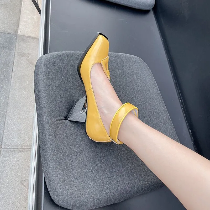 Genuine Cowhide Ankle Strap Pump with Severe Chiseled Heel