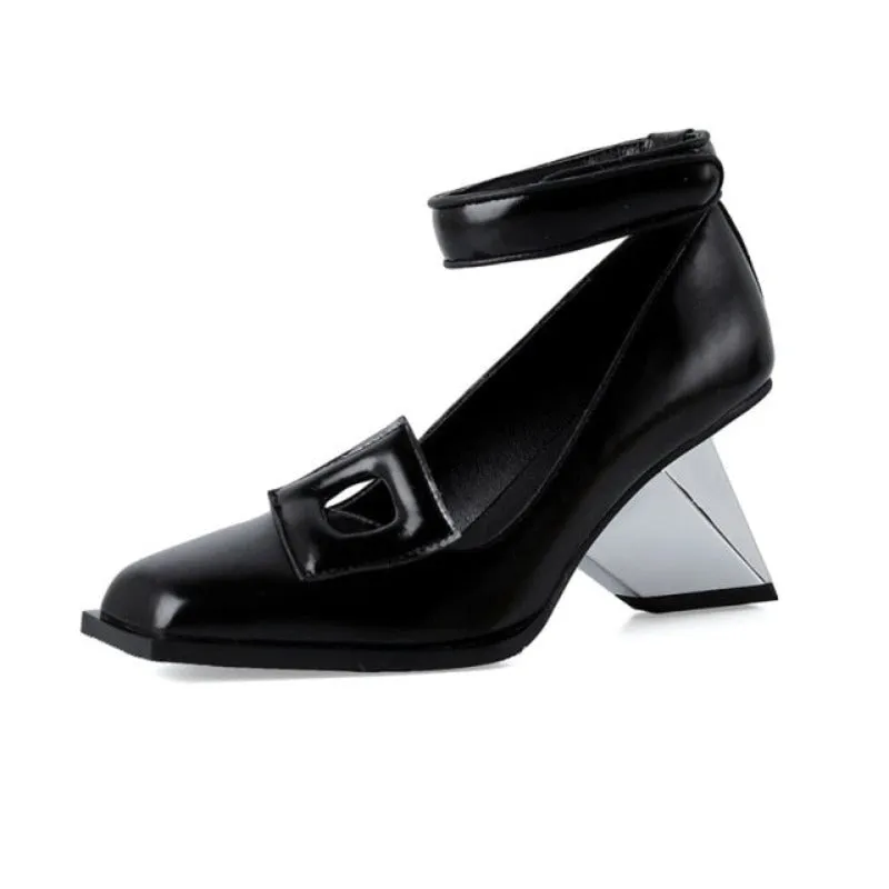 Genuine Cowhide Ankle Strap Pump with Severe Chiseled Heel