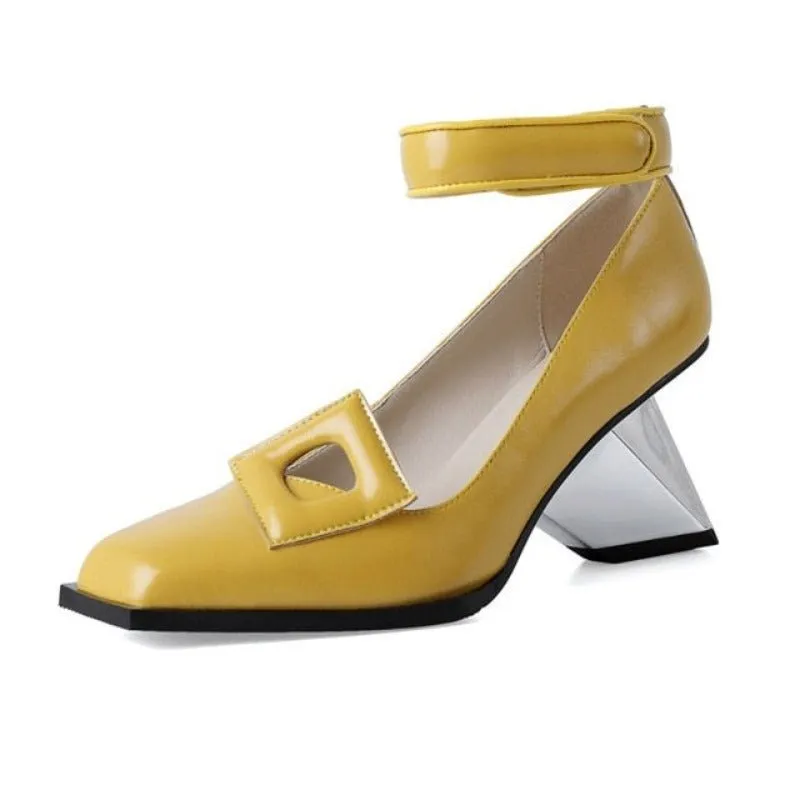 Genuine Cowhide Ankle Strap Pump with Severe Chiseled Heel