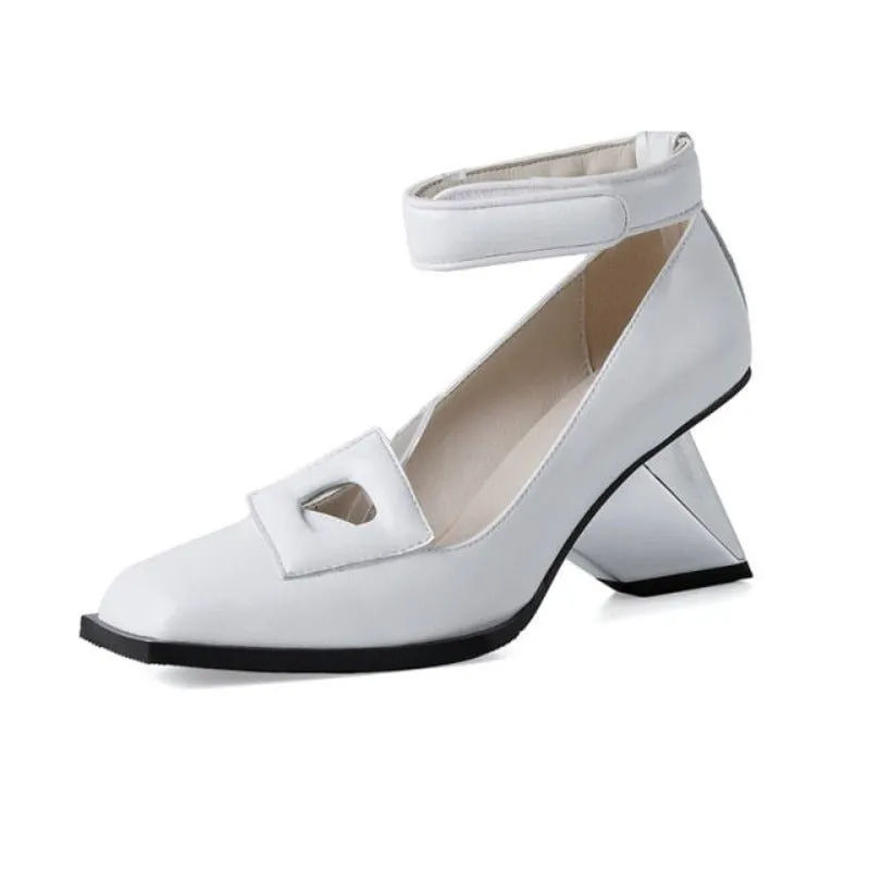Genuine Cowhide Ankle Strap Pump with Severe Chiseled Heel