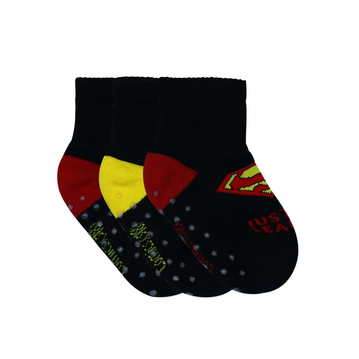 Justice League By Balenzia High Ankle Socks for Kids with Anti-Skid Silicone Technology Made with 100% Combed Cotton & Spandex(Pack Of 3 Pairs/1U)(1-2 Years)(2-3 Years)Superman, Batman, Flash