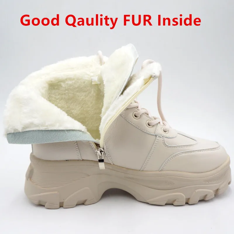 Leather Women's Chunky Boots Winter Thick Fur Warm Women Platform Sneakers