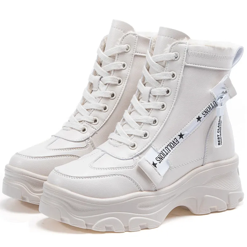 Leather Women's Chunky Boots Winter Thick Fur Warm Women Platform Sneakers