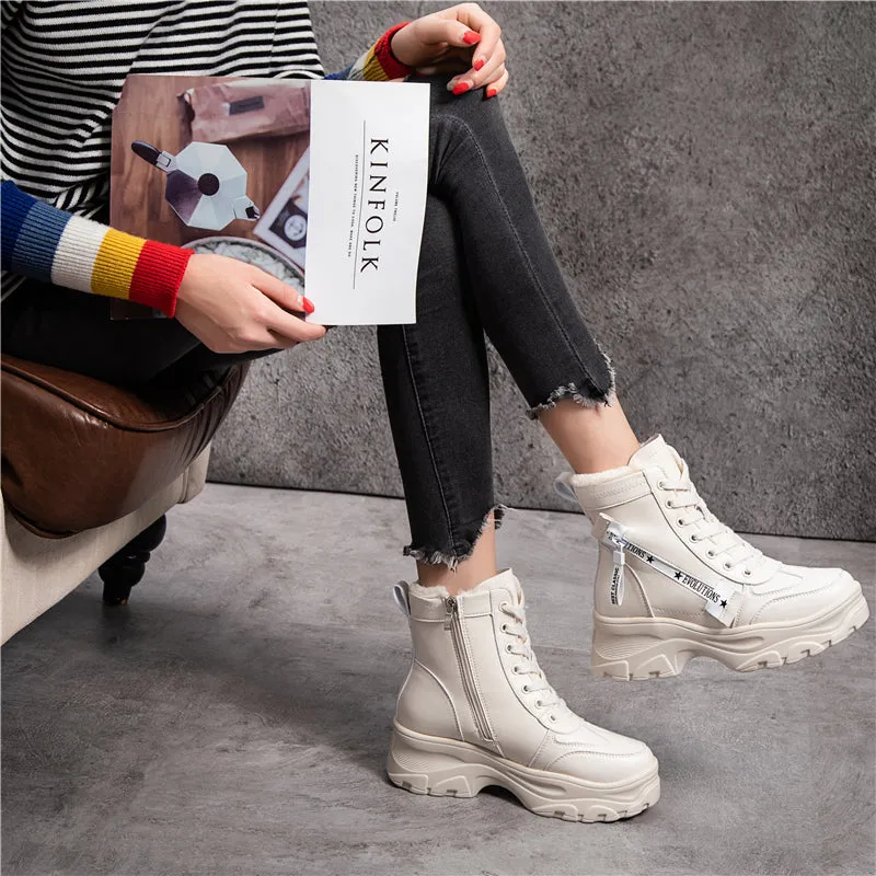 Leather Women's Chunky Boots Winter Thick Fur Warm Women Platform Sneakers