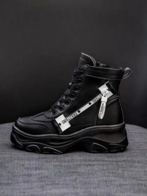 Leather Women's Chunky Boots Winter Thick Fur Warm Women Platform Sneakers