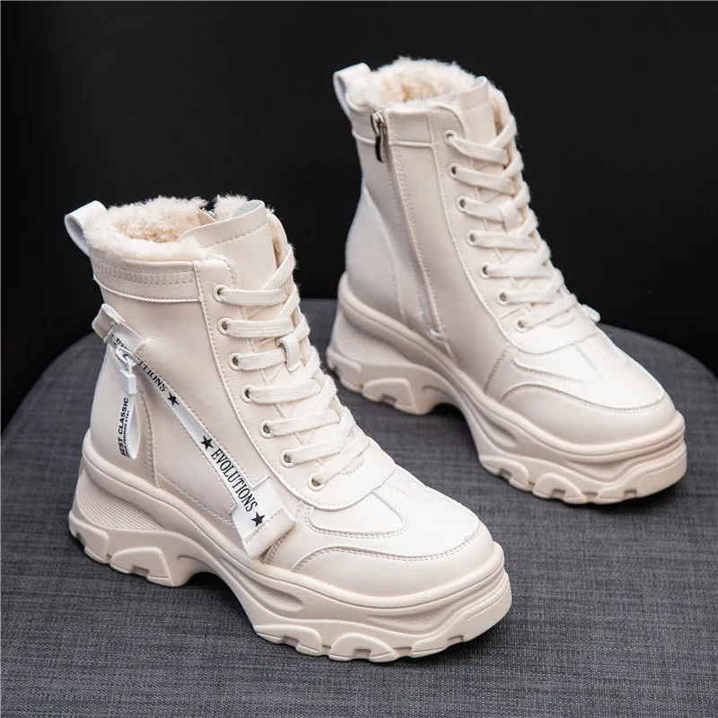 Leather Women's Chunky Boots Winter Thick Fur Warm Women Platform Sneakers