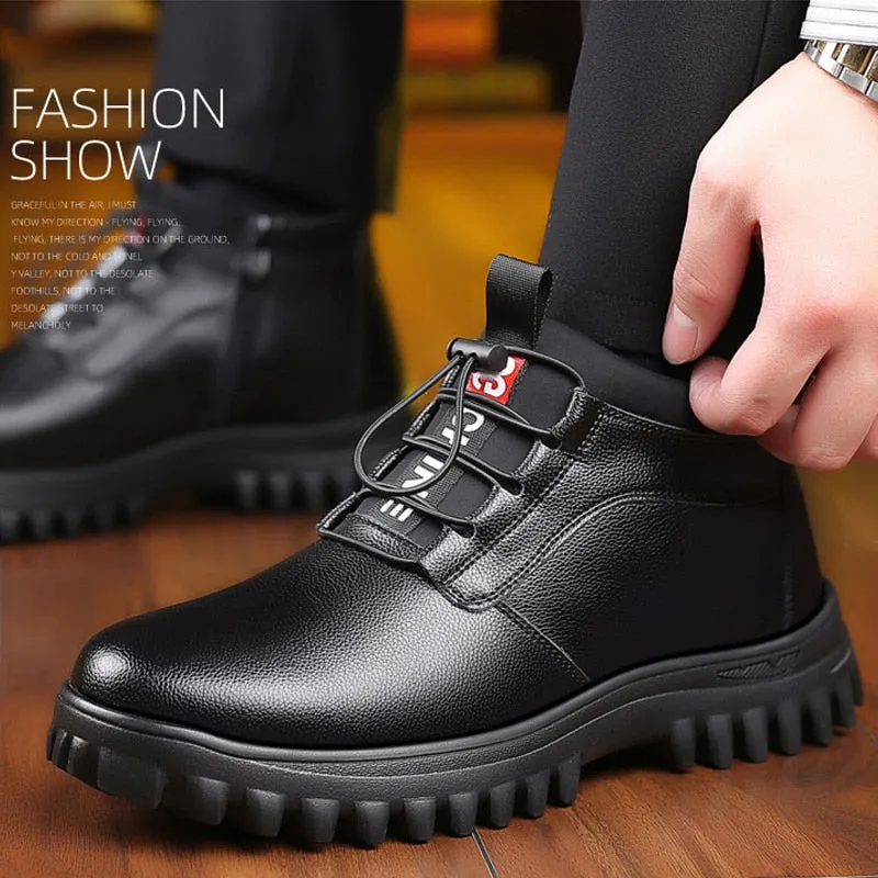 Men Wool Fur Boots Thick Antiskid Sole Winter Shoes Men Genuine Leather Designer Sneakers Outdoors Ankle Boots For Daddy Man