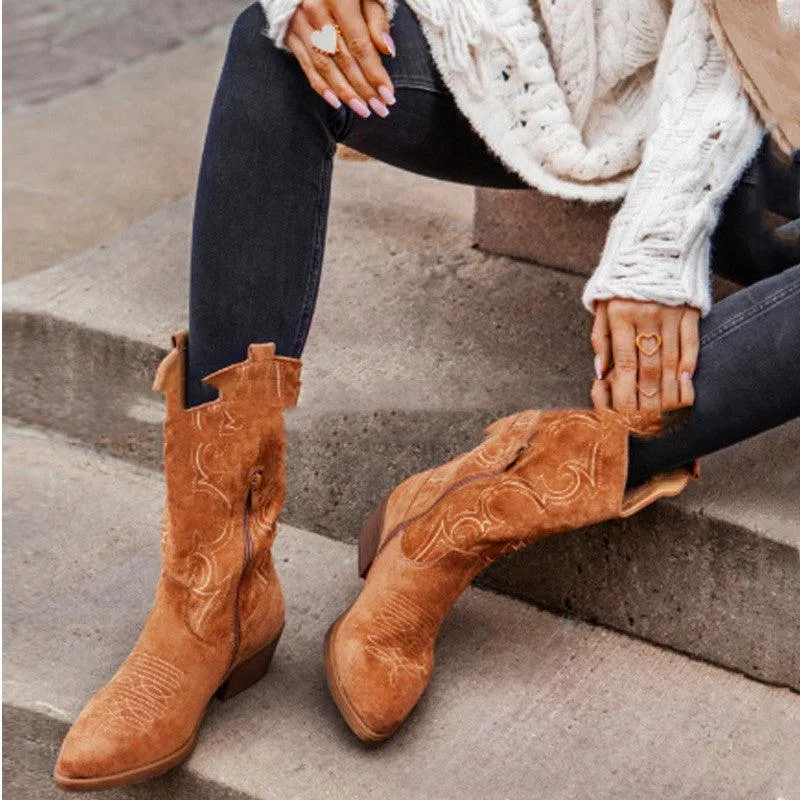 Pointed suede denim boots