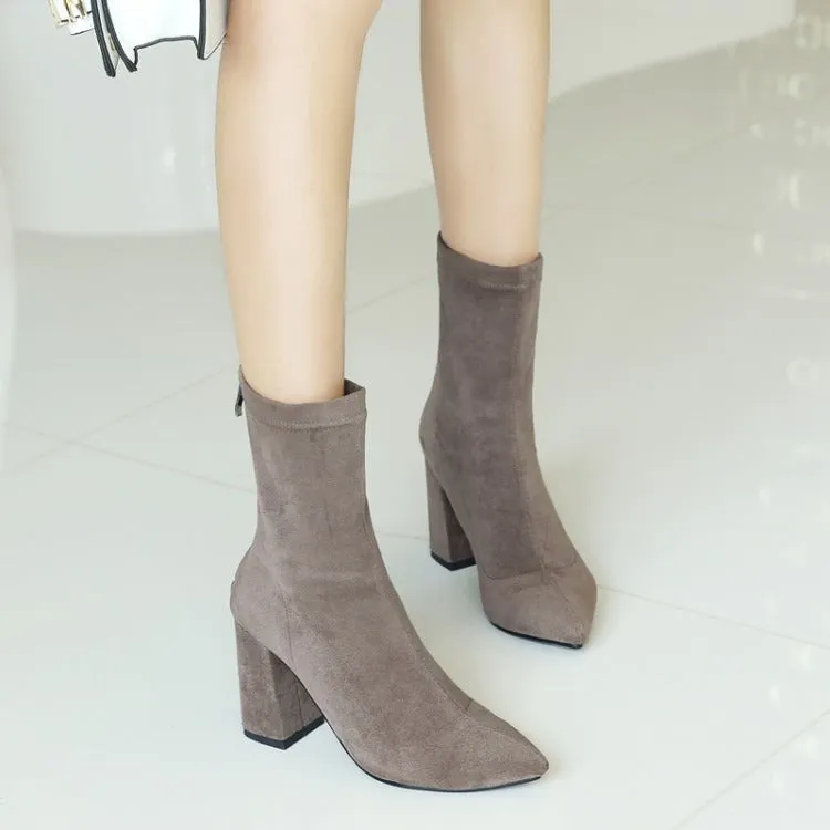 Sleek Suede Mid-Calf Boots - Versatile Elegance with Pointy Toe & Block Heel