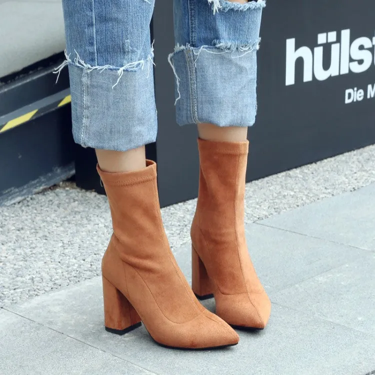 Sleek Suede Mid-Calf Boots - Versatile Elegance with Pointy Toe & Block Heel