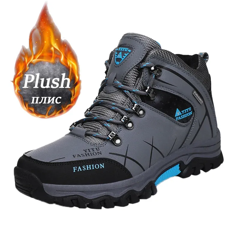 Sohiwoo Men Winter Snow Boots Waterproof Leather Sneakers Super Warm Men's Boots Outdoor Male Hiking Boots Work Shoes Size 39-47
