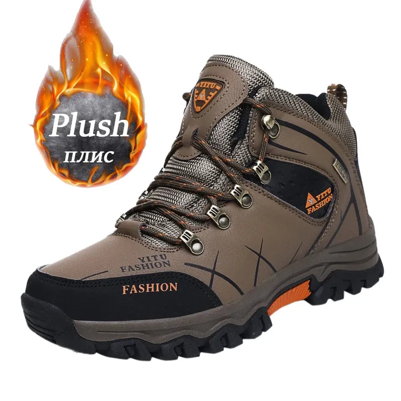 Sohiwoo Men Winter Snow Boots Waterproof Leather Sneakers Super Warm Men's Boots Outdoor Male Hiking Boots Work Shoes Size 39-47