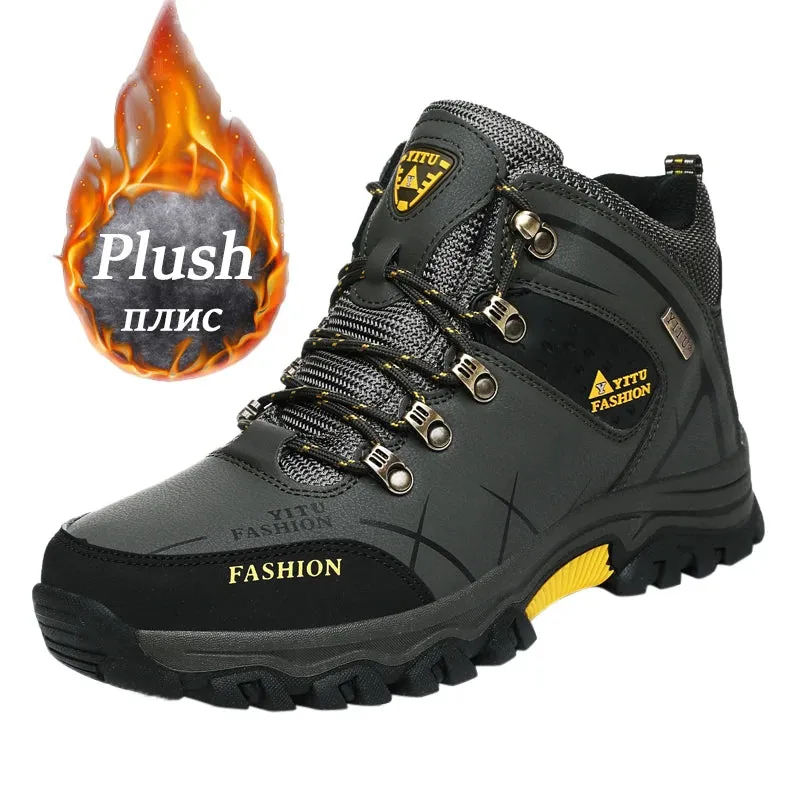 Sohiwoo Men Winter Snow Boots Waterproof Leather Sneakers Super Warm Men's Boots Outdoor Male Hiking Boots Work Shoes Size 39-47