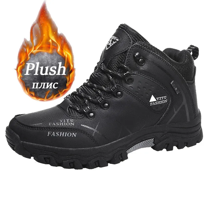 Sohiwoo Men Winter Snow Boots Waterproof Leather Sneakers Super Warm Men's Boots Outdoor Male Hiking Boots Work Shoes Size 39-47