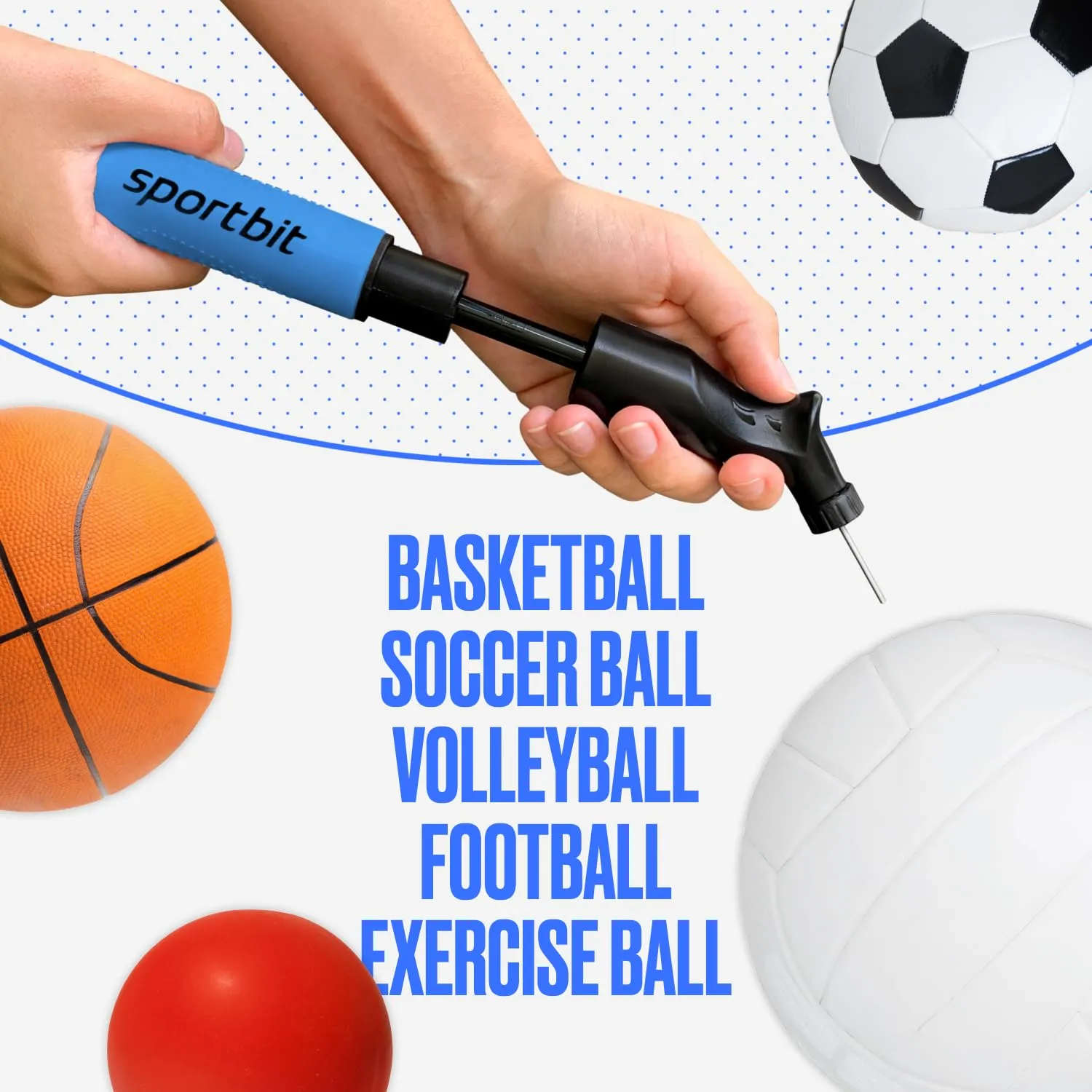 SPORTBIT Ball Pump for Sports Balls - Push & Pull Inflating System - Hand Pump for All Exercise Balls - Volleyball Pump, Basketball Inflator, Football & Soccer Ball Air Pump - Goes with 5 Needles Set