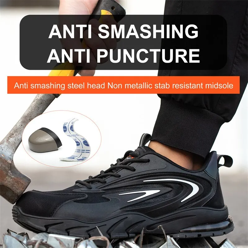 Summer Work Shoes Men Steel Toe Cap Indestructible Sneakers Safety Shoes Lightweight Reflective Strip Construction Boots