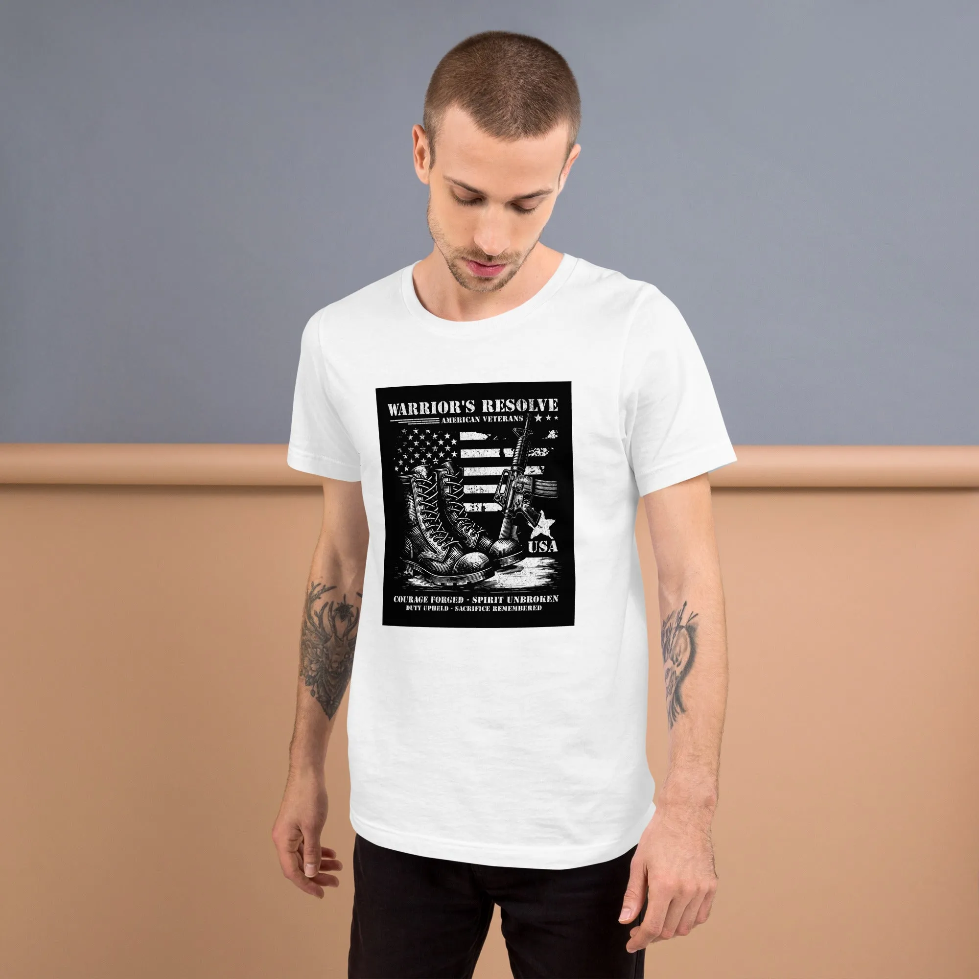 Warrior's Resolve American Veterans T-Shirt, Patriotic Military Design, Courage Forged Spirit Unbroken, USA Pride Graphic Tee