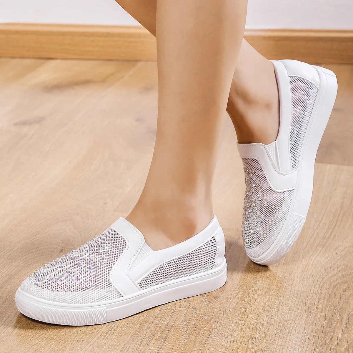 Women's rhinestone mesh hollow sneakers summer slip on casual shoes