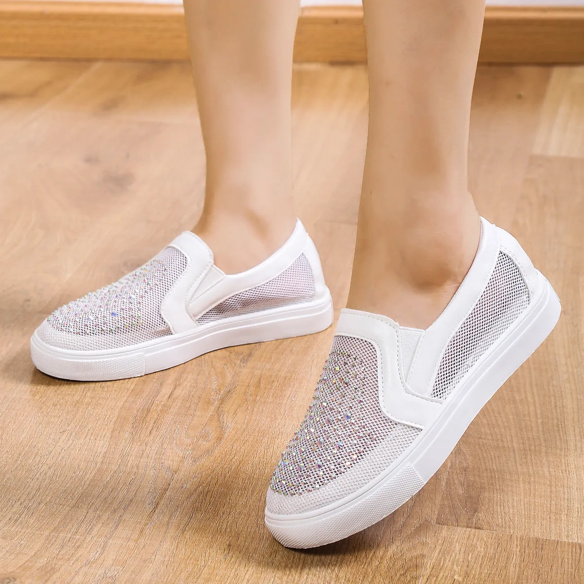 Women's rhinestone mesh hollow sneakers summer slip on casual shoes