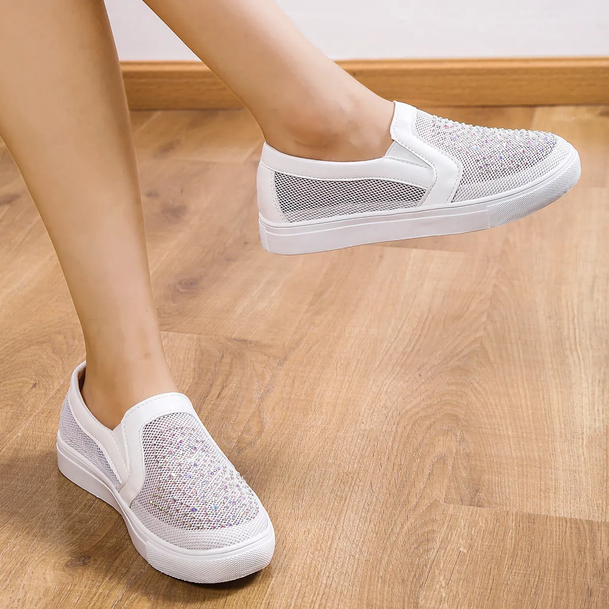Women's rhinestone mesh hollow sneakers summer slip on casual shoes