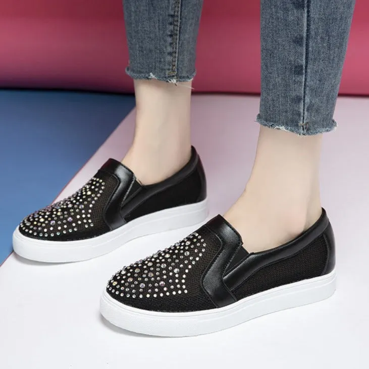 Women's rhinestone mesh hollow sneakers summer slip on casual shoes