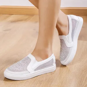 Women's rhinestone mesh hollow sneakers summer slip on casual shoes