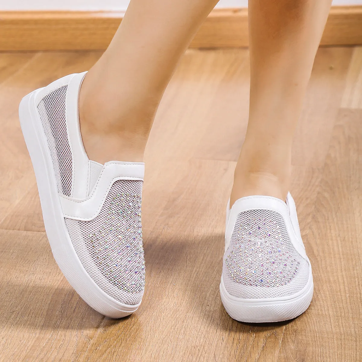 Women's rhinestone mesh hollow sneakers summer slip on casual shoes